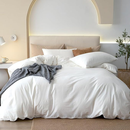 JIYUAN 100% Washed Cotton Duvet Cover Set 3 Pieces Super King, 1 Duvet Cover 108x98 Inches(Comforter Not Included) and 2 Pillowcases,Linen Feel Bedding Set Comfy and Breathable,Bright White
