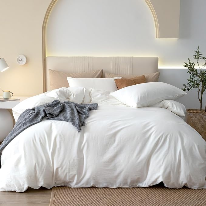 JIYUAN 100% Washed Cotton Duvet Cover Set 3 Pieces Cal King, 1 Duvet Cover 104x98 Inches(Comforter Not Included) and 2 Pillowcases,Linen Feel Bedding Set Comfy and Breathable,Bright White