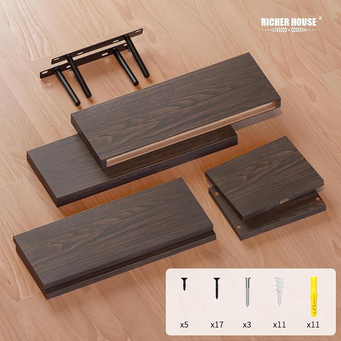 RICHER HOUSE Floating Shelves Set of 3, Modern Bathroom Shelves Wall Mounted Shelves with Invisible Brackets Over Toilet, Rustic Wall Shelves for Bathroom Bedroom, Living Room, Kitchen - Walnut