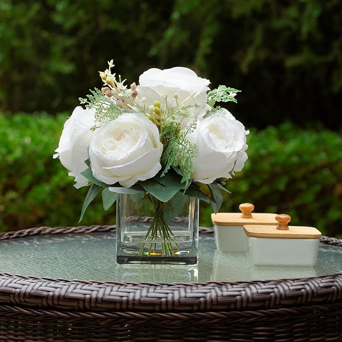 ENOVA FLORAL Artificial Flower Arrangement with Vase,Mixed Artificial Fake Silk Peony Flower in Vase for Decoration Home Office, Wedding Centerpiece (Cream)