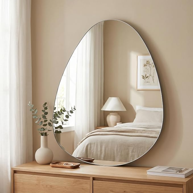 BEAUTYPEAK Asymmetrical Mirror, 20 x 30 Inches Irregular Wall Mirror, Wood Frame Unique Shape Wall Mounted, Decorative for Living Room Bedroom Entryway Hallway