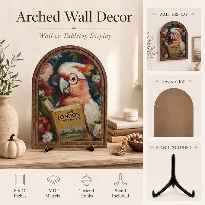 Book Lover Decor Arched Wooden Frame Tabletop Sign, Funny Reading Bird Bookshelf Decor for Desk Shelf and Reading Nook, Vintage Floral Parrot Art Accent