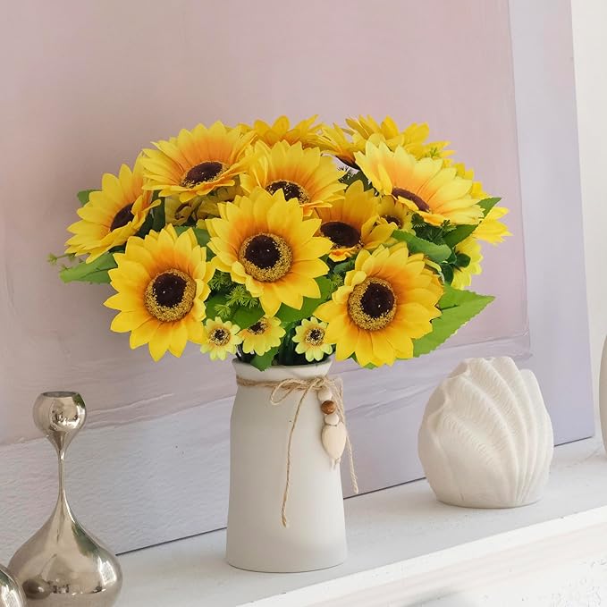 Artificial Sunflower Arrangement in Cream Vase, Silk Fake Flowers in Vase with Jute Rope & Heart Charm, Table Centerpieces for Dining Room, Kitchen and Table Décor