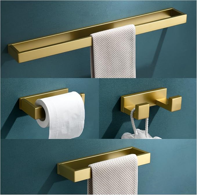 4-Piece Modern Gold Bathroom Hardware Accessories Set - Towel Bar & Holder, Stainless Steel, Wall Mounted, 23.6 Inch