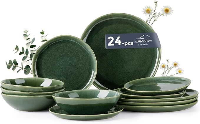 AmorArc Ceramic Dinnerware Sets,Handmade Reactive Glaze Stoneware Plates and Bowls Sets,Highly Scratch Resistant | Dishwasher & Microwave Safe Dishes Set,Service for 8 (24pc)