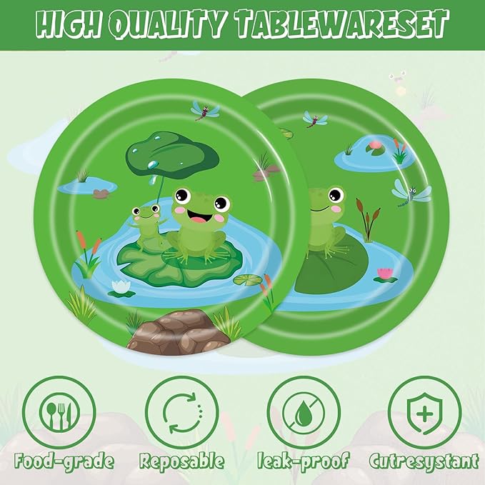 Frog Birthday Decorations 40Pcs Green Birthday Paper Plates and Napkins Supplies Frog Party Decorations for Baby Shower Party Favors