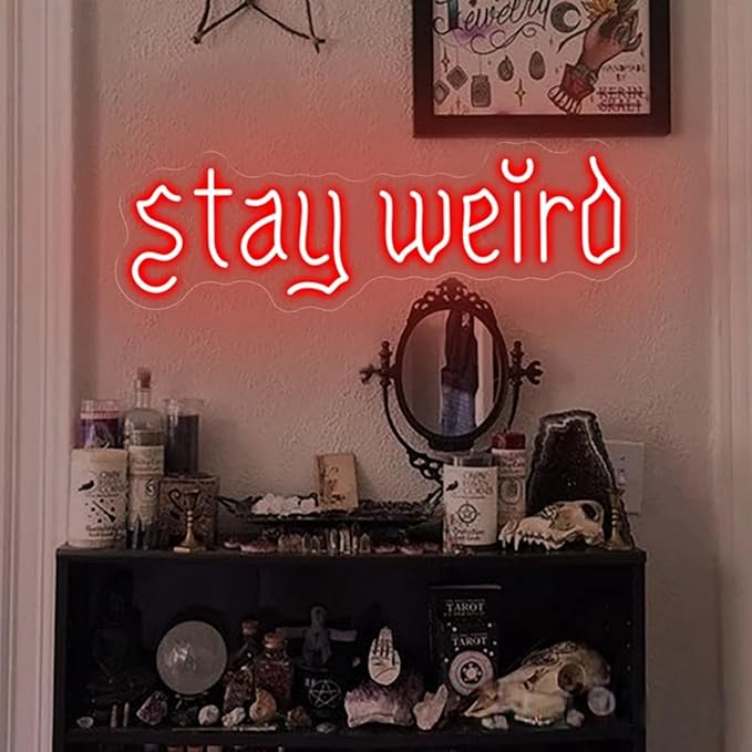 Stay Weird Neon Sign, Gothic Decor, Skeleton Hand Neon Sign, Vintage Font,Dark Art Decor for Bedroom, Living Room, Man Cave, Bar, Game Club, Living Room Birthday Party-Red