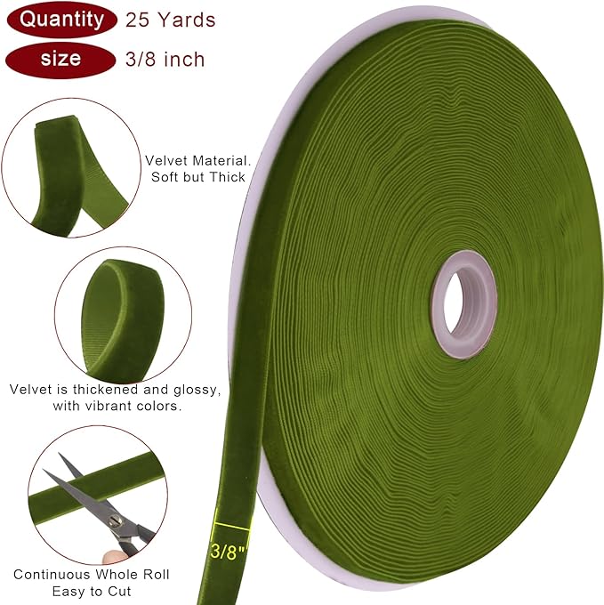25 Yards Olive Green Velvet Ribbon 3/8 Inch for Christmas Tree,Green Velvet Christmas Ribbon for Gift Wrapping Crafts Bow Wreath Holiday Decorations (Olive Green)