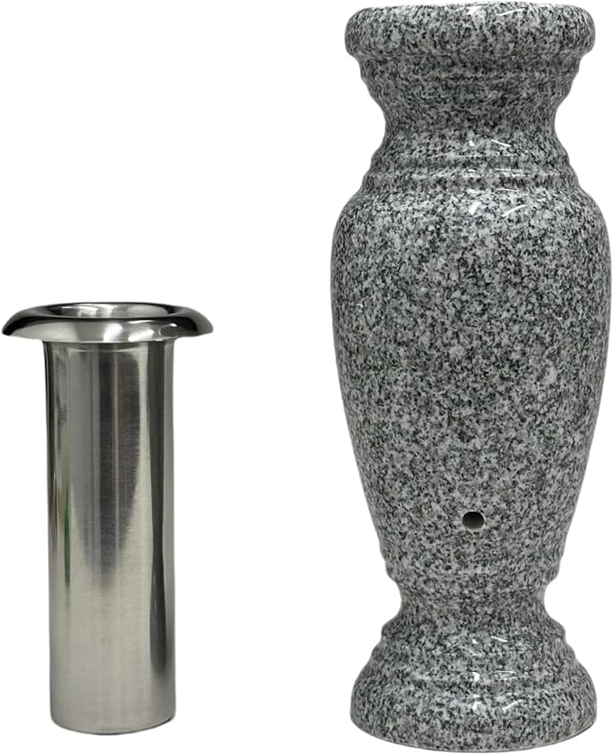 Memorial Cemetery Flower Vase - Real Granite (Grey Granite), with Stainless Steel Inner, Grave Marker, Decorations for Gravesite, Headstone Flowers Holder, Garden Lawn & Yard (4x4x10)