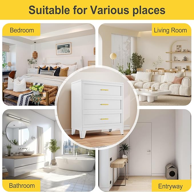 34.25" Tall Metal Dresser for Bedroom, 3 Drawer White File Cabinet with Gold Handles, Dressers Chests with Fluted Panel, Vertical Drawer Storage Cabinet for Living Room, Entryway, Hallway