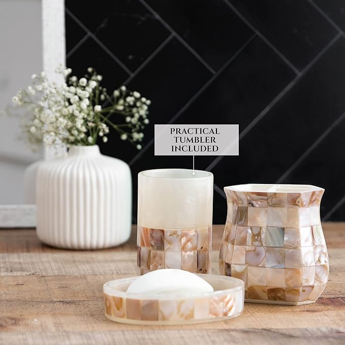 Milano Bathroom Accessories Set - 4 Piece Bathroom Accessory Set with Natural Mother of Pearl Shells - Decorative Bathroom Set Includes: Soap Dispenser, Toothbrush Holder, Tumbler and Soap Dish