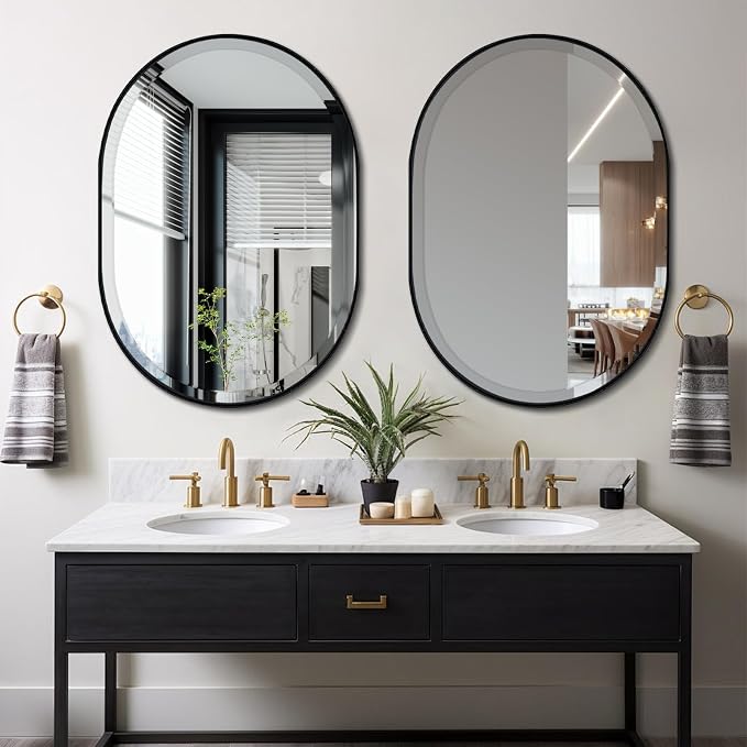 POZINO Oval Beveled Mirror, 24"x36" Bathroom Vanity Mirror Over Sink, Pill Shaped Capsule Wall Mounted Mirrors, Modern Oblong Mirrors for Living Room Bedroom Entryway, Hangs Vertically or Horizontally
