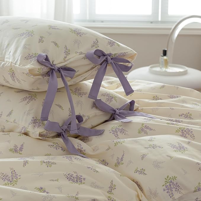 HighBuy Garden Floral Duvet Cover Twin with 2 Bowknot Bow Tie Pillowcases Coquette Aesthetic Comforter Cover Soft Cotton Botanical Boho Duvet Cover with Purple Flowers Country Style Bedding Set