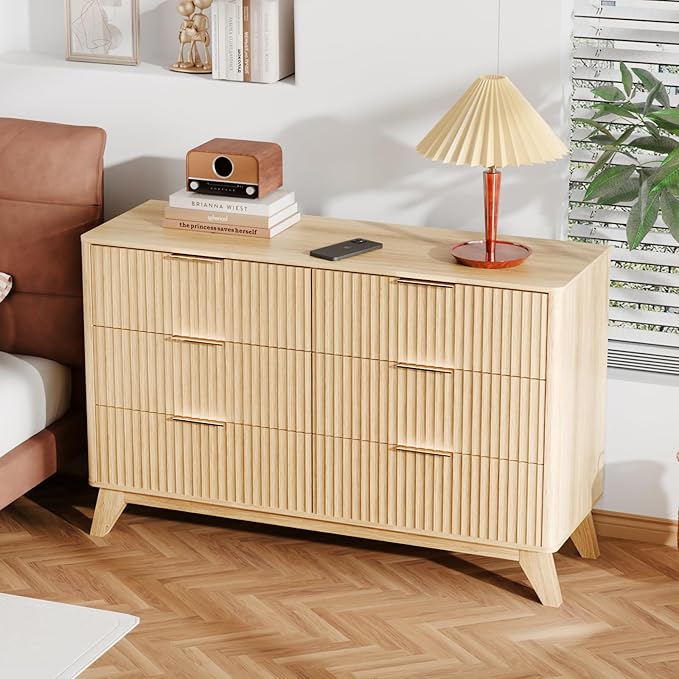 VINGLI Fluted Dresser for Bedroom, Wood Dresser 6 Drawer with Rounded Edges, Mid Century Modern Dressers Natural Wood Color, 46.8" W*15.6" D*31" H