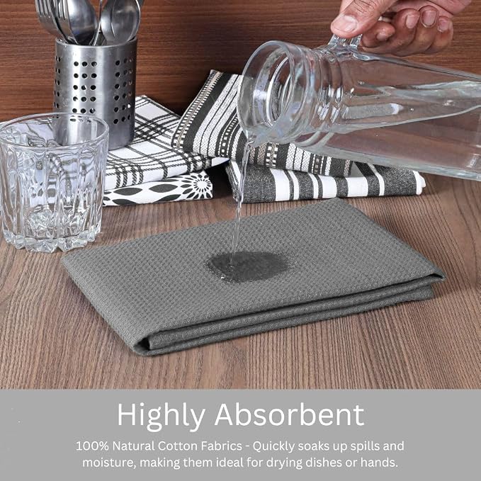 Assorted Kitchen Towels Set of 5-100% Cotton Dish Cloths Towels with Hanging Loop - Soft, Absorbent & Washable for Kitchen Use - Quick Drying Dish Towels 16x26 Inch Grey