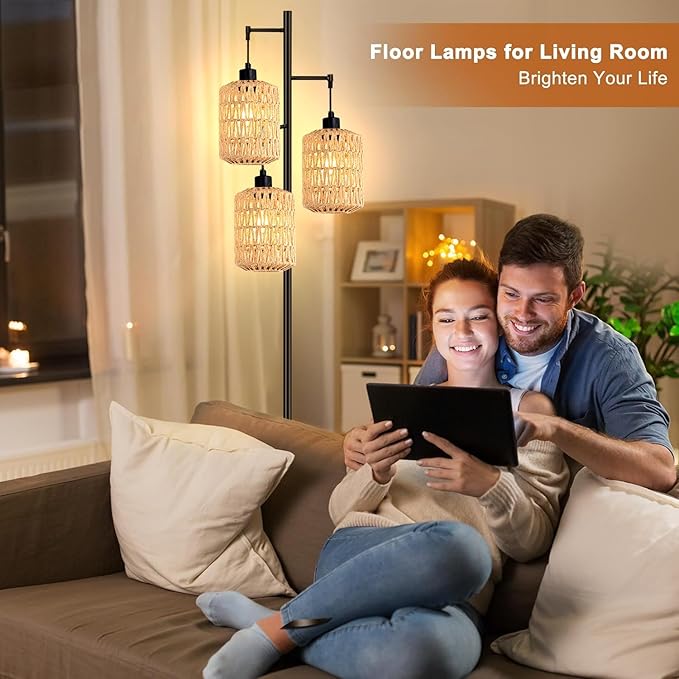 QIYIZM Floor Lamp for Living Room,Bedroom,3-Lights Boho Rattan Tree Floor Lights,Industrial Black Farmhouse Standing Lamp Wicker Rustic Tall Lamp,Woven Bamboo LampShade Floor Lamps Bohemian