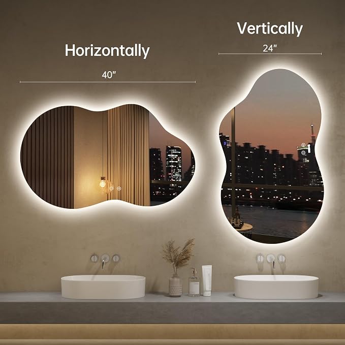 LOVESPEJO Irregular Backlit Mirror Bathroom 40x24 Inch, Asymmetrical Cloud LED Bathroom Mirror with Lights, Fogless, Dimmable, 3 Color Changing, Shatterproof,Horizontal/Vertical