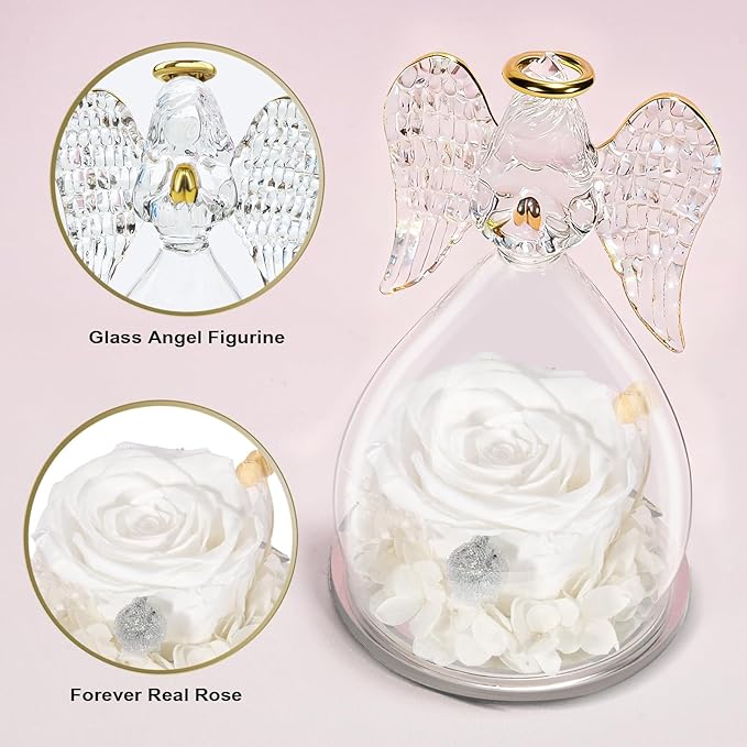 Yamonic Birthday Gifts for Women, Angel Figurines with Real Rose Gifts for Her Mom Grandma,Preserved Flowers Rose Angel Figurines for Mothers Day Christmas Anniversary Birthday Gifts for Her (White)