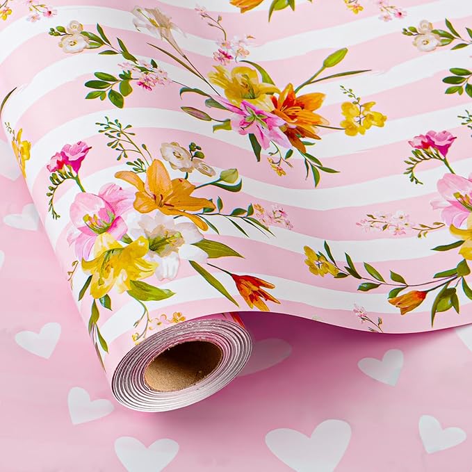Burymento Pink Striped Flower Wrapping Paper, Reversible Pink Love Design Gift Wrap for Baby Shower, Birthday, Valentines, Mothers day, Graduation, Wedding, Fathers day, Christmas (17 Inch X 32.8 Feet)