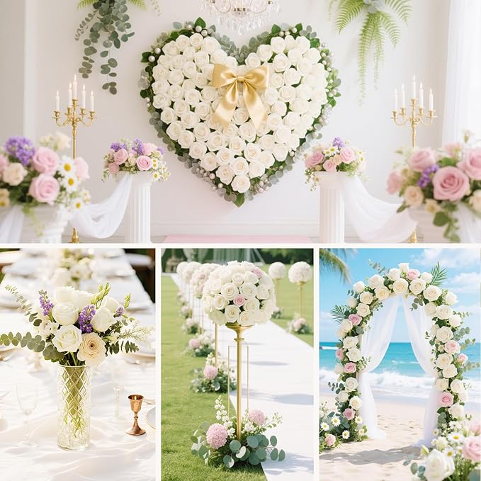 22 Pcs Artificial Roses - Realistic Velvet Flowers with Stems, Bulk Faux Roses for Home Wedding Party Decor (White)