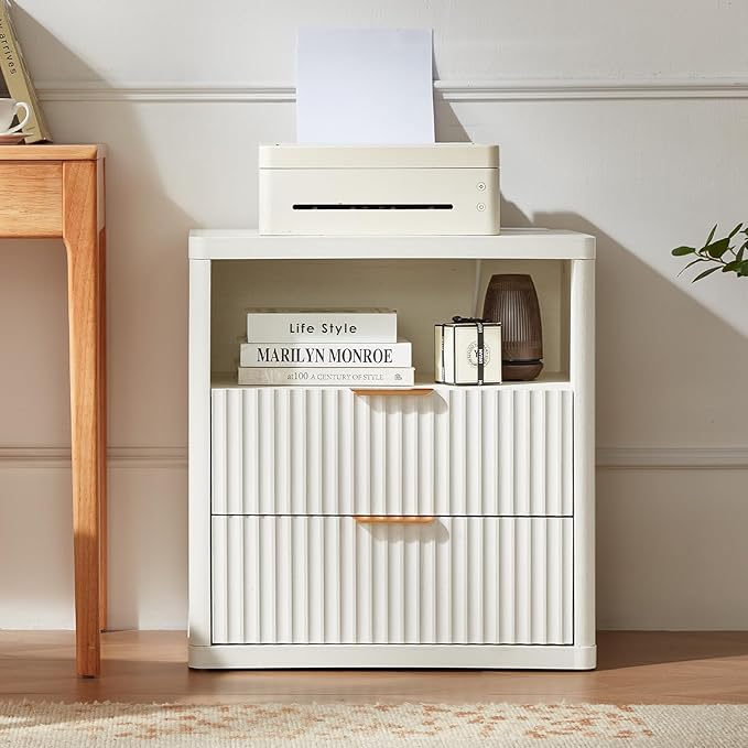 LEYAOYAO Fluted Nightstand with Charging Station, 23" Wide 2 Drawers End Table,White Night Stand with Open Storage Cabinet, Farmhouse Bed Side Tables, Wood Dresser for Bedroom, Living Room, Closet