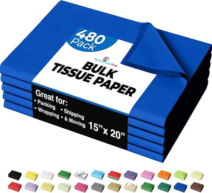 Party Solids Dark Blue Tissue Paper for Gift Bags - 15" X 20" Bulk Tissue Paper Dark Blue 480 Sheets - 10lb Newsprint for Packing, Birthday Gift Box Filler, Packing Supplies for Moving Supplies