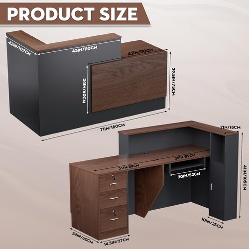 **Skiennix L-Shaped Reception Desk - Modern Wooden Design with Storage Shelves | Brown & Black, 71''L x 42''W x 41''H**