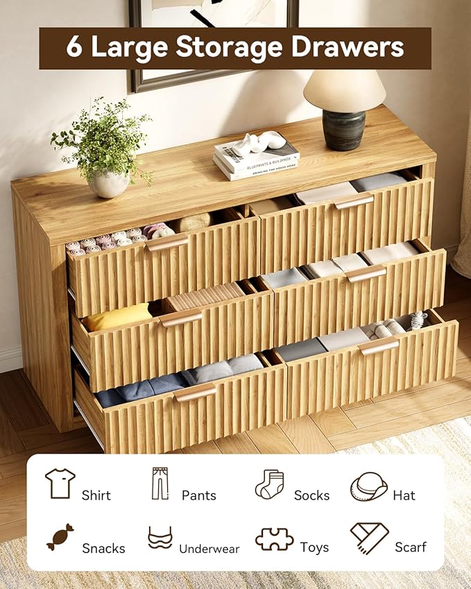 Fluted 6 Drawer Dresser for Bedroom, 54" Wide Chest of Drawers with Metal Handle, Modern Storage Dressers Organizer for Living Room, Hallway, Natural