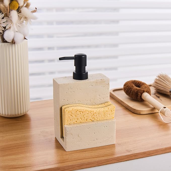 Beige Travertine Soap Dispenser with Sponge Holder – Marble Look Hand & Dish Resin Soap Pump Bottle for Kitchen & Bathroom, 2-in-1 Countertop Organizer, with 2 Natural Sponges (Luxury Home Decor)