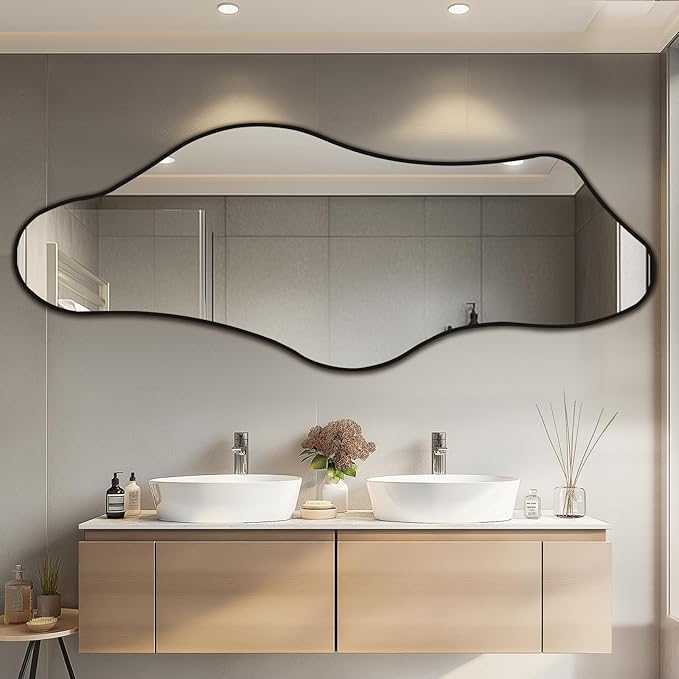 Mirrorons Irregular Wall Mirror 63×24, Black Asymmetrical Decorative Bathroom Mirror, Cloud Mirror, Modern Vanity Mirror, Shatterproof Black Mirror