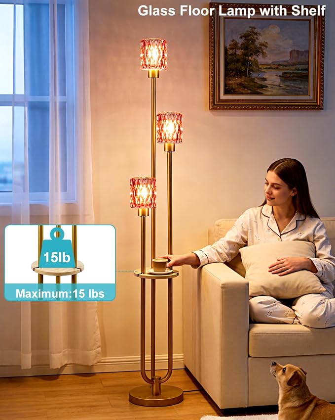 62IN Gold Floor Lamp with Deep Red Glass Shade 3-Lights Mid-Century Modern Farmhouse Floor Lamps with 3000K Warm White Bulbs, Tall Standing Lamp with 5Lbs Heavy Base for Living Room/Bedroom