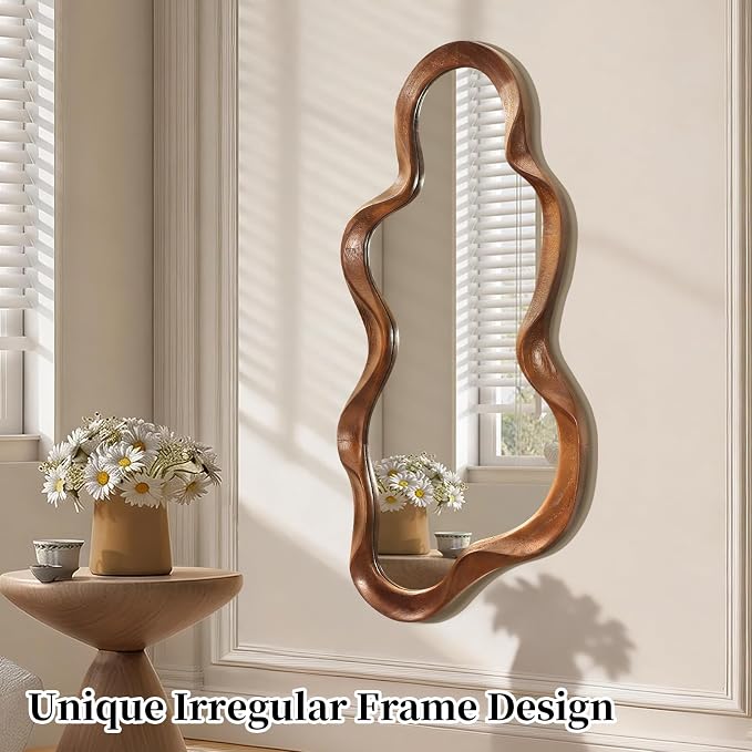 Asymmetrical Mirror Large Irregular Wall Mirror Modern Wood Frame Unique Artistic Mirrors Cute and Stylish Cloud Wavy Mirrors Decorative for Cloakroom Bedroom Living Room Bathroom Entryway 30"x14"