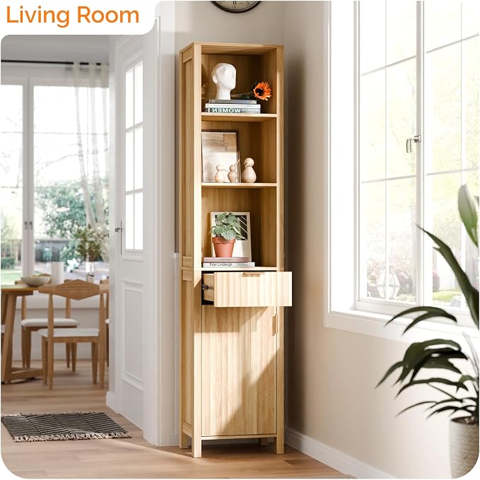 VINGLI Narrow Fluted Bathroom Floor Skinny Storage Cabinet with 1 Fluted Door&Drawer,68" Tall Narrow12 Inch Deep Slim Bathroom Storage Cabinet for Small Space w/3 Adjustable Shelves,Natural Oak Color