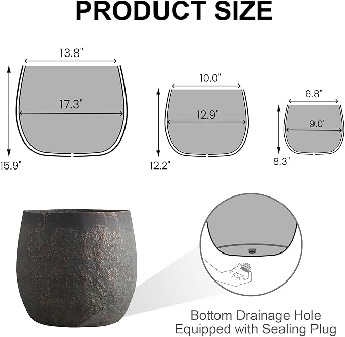 Wallowa 17.3"+12.9"+9.0" Dia Weathered Concrete Flower Pots, Modern Round Style Concrete Planter for Home, Garden, Patio, Courtyard, Bronze Rust Color, Set of 3
