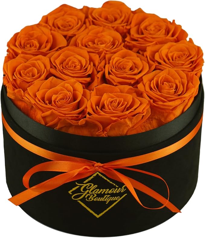 GLAMOUR BOUTIQUE Flowers Forever Gift Box 12 Real Preserved Roses in a Velvet Black Box, Birthday Rose Gift for Wife Mom and Her, Mothers Day, Anniversary, Graduation - Orange