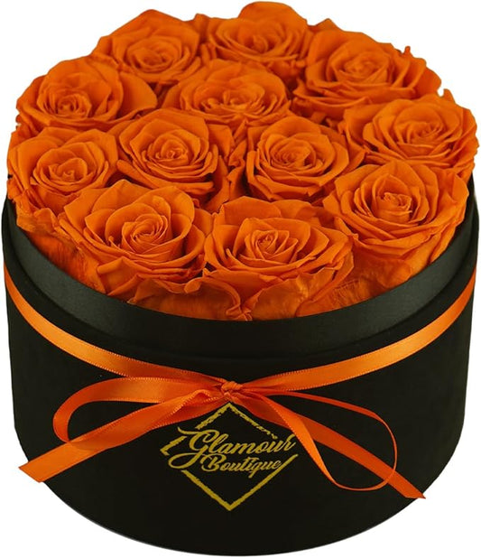 GLAMOUR BOUTIQUE Flowers Forever Gift Box 12 Real Preserved Roses in a Velvet Black Box, Birthday Rose Gift for Wife Mom and Her, Mothers Day, Anniversary, Graduation - Orange
