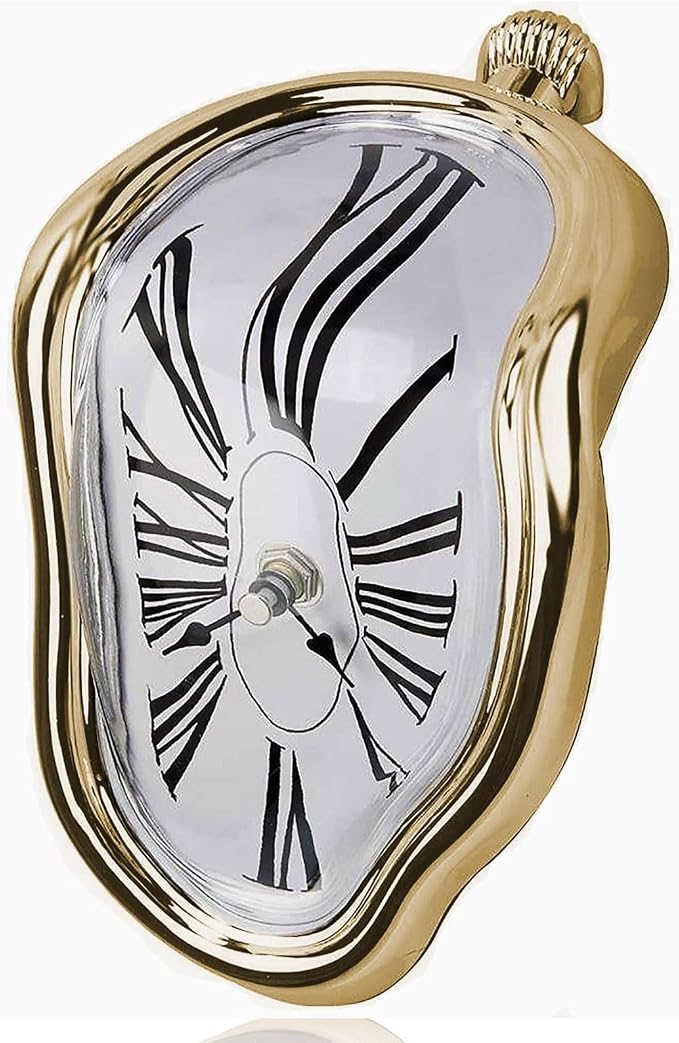 Melting Shelf Clock Art Decor - Salvador Dali Surreal Dripping, 8x4 in Bright Gold Polished Shelf & Desk Gift