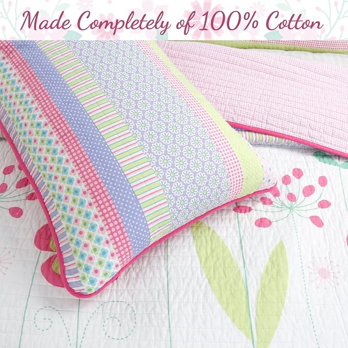 Cozy Line Home Fashions Pink Lavender Green Floral Print Girl 100% Cotton Reversible Quilt Bedding Set, Coverlet, Bedspread (Blossom, Twin - 2 Piece)