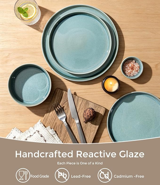 GBHOME 24-Piece Stoneware Dinnerware Set for 8 – Ribbed Ceramic Plates and Bowls, Scratch-Resistant, Microwave & Dishwasher Safe, Reactive Glaze, Malachite Green
