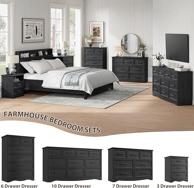 Black Dresser for Bedroom, Modern 7 Chest of Drawers, 47" Wide Chest of Drawers w/Brushed Metal Handle, Wood Closet Organizers and Storage Cabinet for Bedroom, Living Room, Hallway