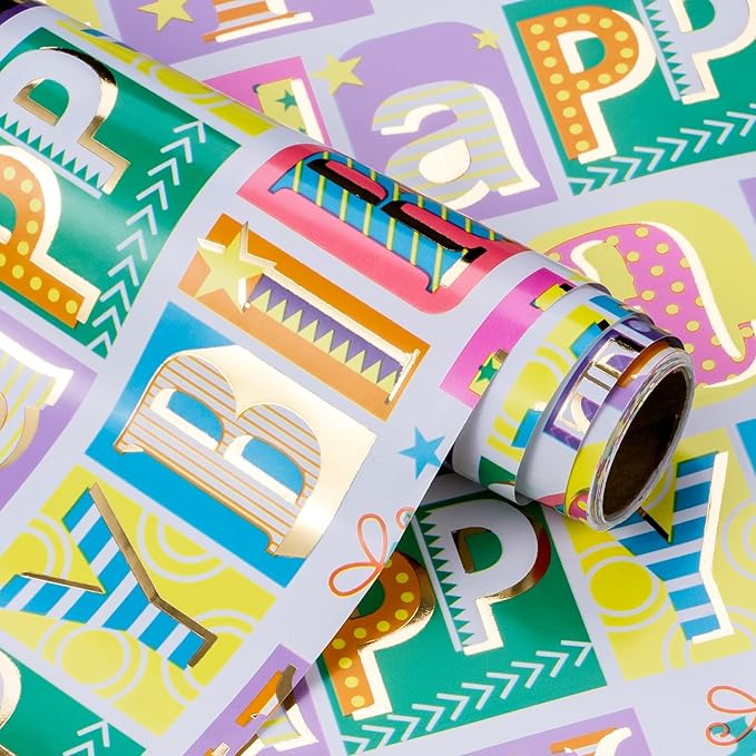 WRAPAHOLIC Birthday Wrapping Paper - Mini Roll - 17 Inch x 16.5 Feet - Colorful Gold Foil Happy Birthday Wrapping Paper for Kids, Girls, Women, Baby Shower, Wedding, Bridal Shower