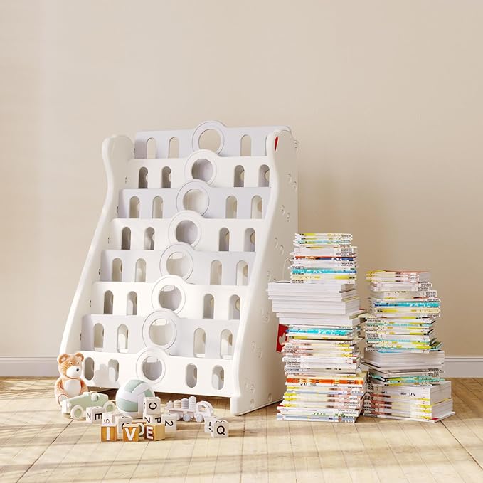 Kids Bookshelf for Toddlers, 7 Tier White Bookcase for Kids Bedroom/Nursery/Classroom, Corner Bookshelf Book Storage Organization Montessori Baby Book Storage Shelf (Grey-7-Tier Bookcase)