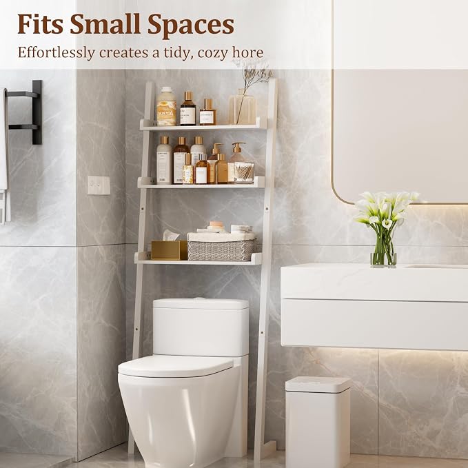 Over The Toilet Storage Shelf Wood, 3-Tier Above Toilet Organizer Rack, Freestanding Above Toilet Shelf for Bathroom, Laundry, Space Saver, White Color.