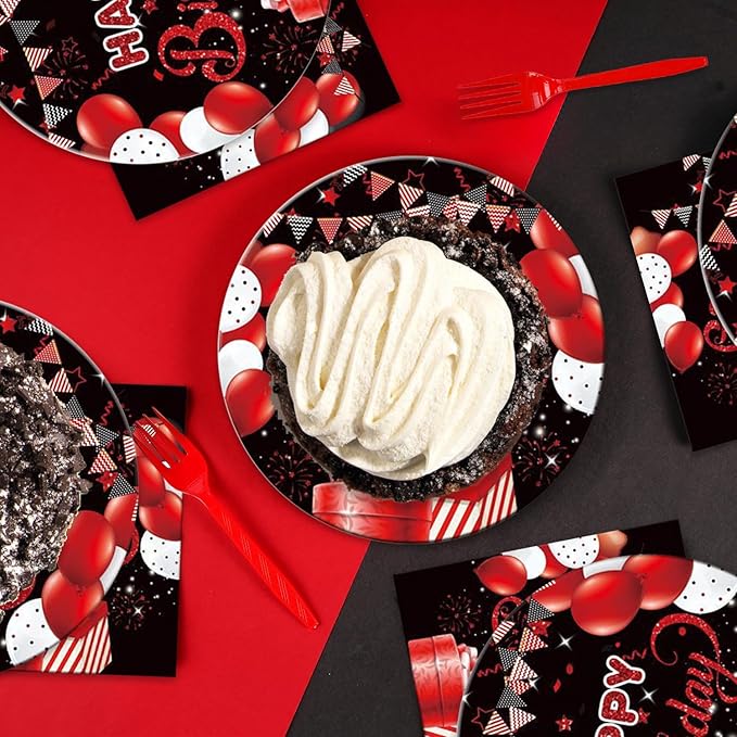 48Pcs Black and Red Happy Birthday Decorations Tableware Inculde Plates Napkins Forks Red and Black Birthday Party Supplise Serve 16 Guests