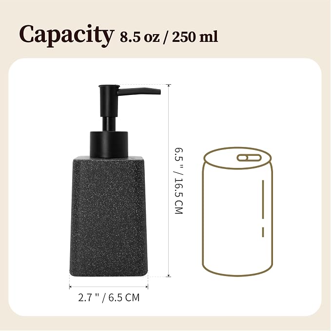 Bathroom & Kitchen Countertop Soap Dispenser, Modern Sandstone-Look Resin Bottle with ABS Pump, Durable Shatter-Resistant 8.5 oz Dispenser (Black)