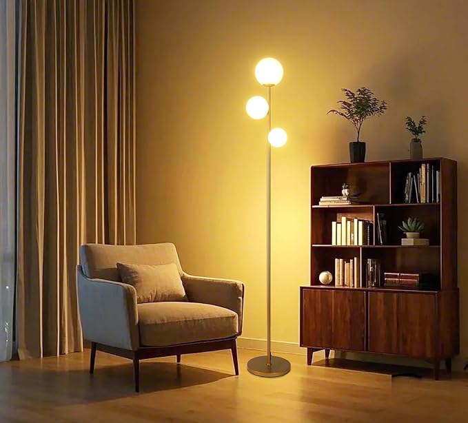Fiqevs 3 Globe Floor Lamp Mid Century Modern, Gold Standing Lamp with Frosted Glass Shade & LED Bulbs, Tall Pole Light with Foot Switch for Living Room Bedroom Office - Antique Brass