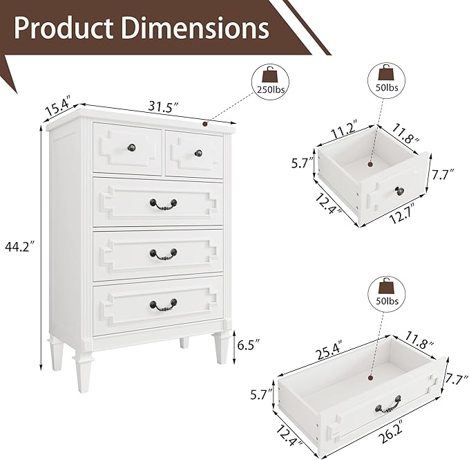 BLANKSPACE 5 Drawer Dresser for Bedroom, 44" Tall Dresser & Chest of Drawers wtih Vintage Surface, Closet Storage Cabinet for Living Room, Hallway, White