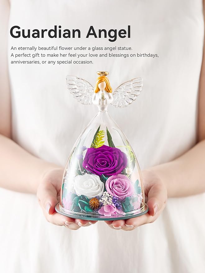 Gifts for Women Forever Flowers Preserved Rose in Glass Angel Figurine Real Colorful Roses Birthday Gifts for Her Grandma Sister Daughter Wife, Purple