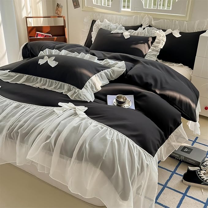 Girls Lace Bedding,Queen Comforter Cover Set, Chic Ruffled Duvet Cover with Lovely Bow,Princess Style 1 Duvet Cover with 1 Pillowcases, No Comforter-Black,Twin Size