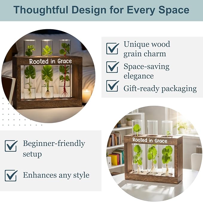 Rooted in Grace Propagation Station – Wooden Plant Holder with 3 Glass Vases, Indoor Rooting Station for Cuttings, Christian-Inspired Gift for Women, Birthday, Housewarming, Plant Lover Décor